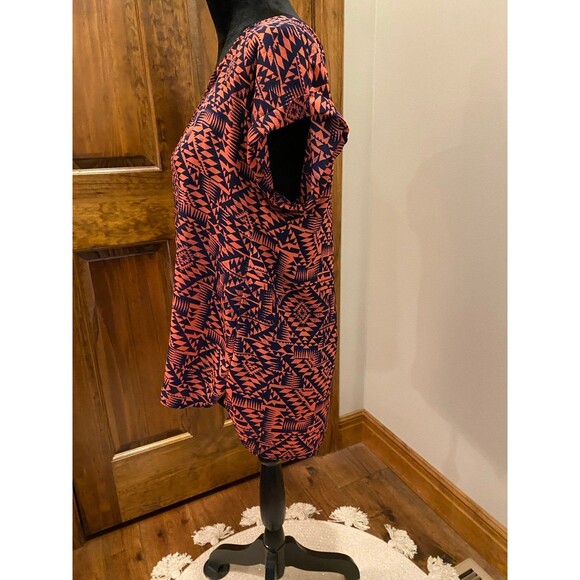 Pink Rose Top Womens Blouse Size Large  Short Sleeve Zipper Back Orange Navy - Picture 5 of 9